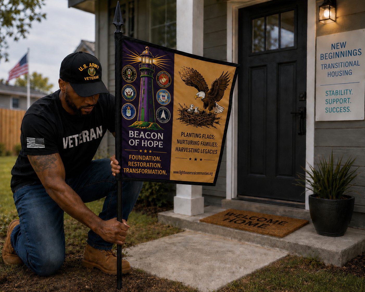A veteran placing a Beacon of Hope flag outside New Beginnings transitional housing