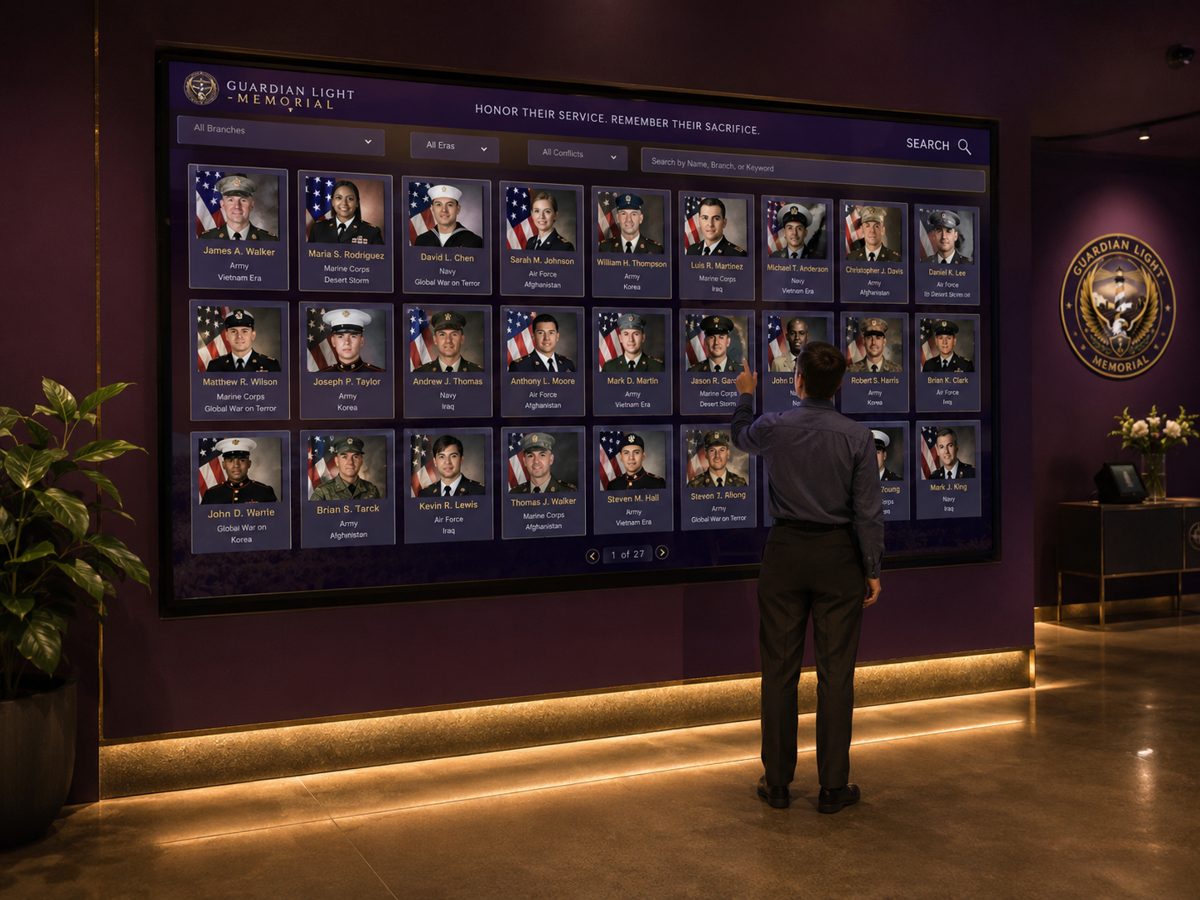 Guardian Light Digital Wall of Honor — example memorial profiles