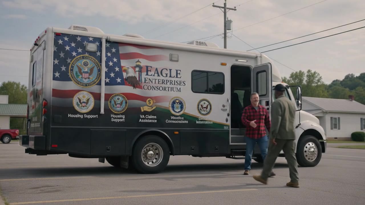 The M-TOC mobile unit arriving in a rural community to greet a veteran